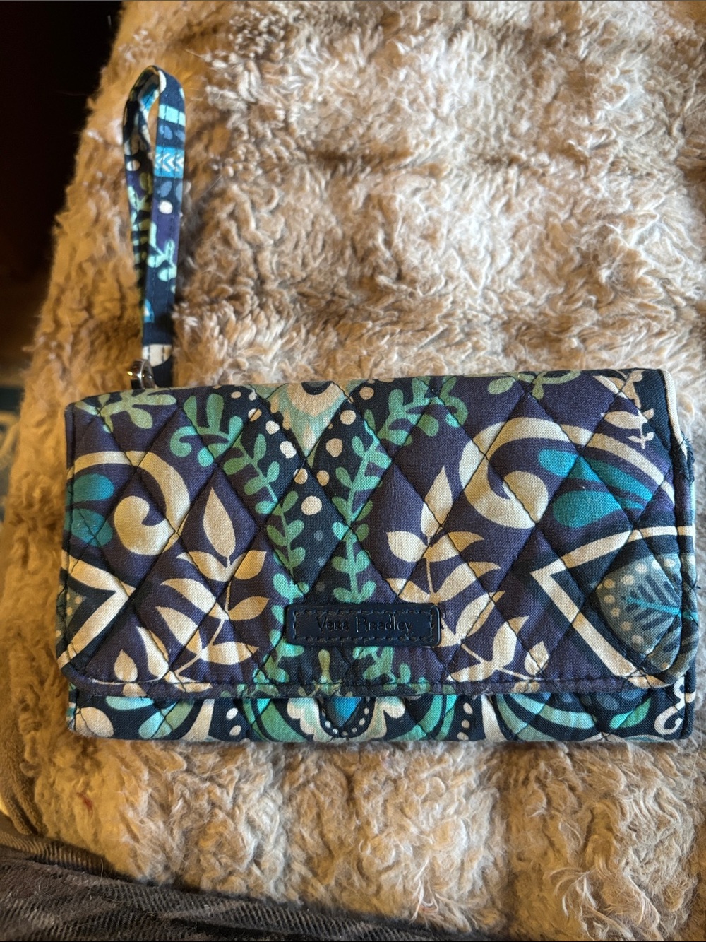 Vera Bradley Navy, Teal & Cream Quilted Floral Wristlet